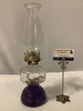 Vintage purple colored depression glass base oil lamp w/ shade, approx 5 x 16 in.