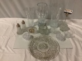 Nice lot of thick crystal / glass home decor: vases, sugar bowl, Royal Gallery clock, shakers, 1