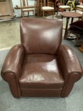 Brown vinyl down stuffed recliner easy chair , approx 38 x 34 x 36 in.