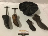 5 pc. lot of vintage cast iron STAR NAIL CUP, wooden / cast iron cobblers shoe forms, approx 9 x 4