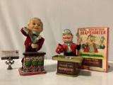 2 pc. lot of vintage battery operated tin toys: Rosko- Bartender, Cragston Crapshooter w/ box,