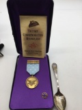Collection of 3 items commentating the war of 1812 , medal, sterling , spoon , 14k gold pin