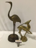 2 pc. lot: vintage brass crane statue on wood base, brass Impala statue