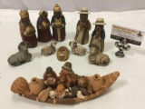 11 pc. lot of M. Oestreich nativity scene figures, Native American canoe full of animals, nice
