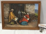 Vintage framed original oil painting on board, Native American women in doorway with child on back,