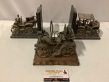Vintage 3 pc. lot found metal automobile sculptures/ bookends on wood base, made in Spain