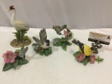 5 pc. lot of painted porcelain bird figurines: Lenox; hummingbird, chickadee, American Goldfinch (as