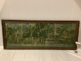 Huge antique framed embossed / temple rubbing print of procession led by elephant, approx 63 x 25