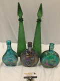 5 pc. Vintage glass lot: carnival glass bottles; Eisenhower, Nixon, Franklin, 2x green glass