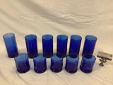 11 pc. lot of Anchor Hocking blue glass drinking glasses, tumblers, 3 styles, see pics.