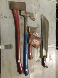 2 single blade axes vintage hatchet and old machete