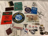 Lot of vintage airline / pilot tin wall signs ; Braniff International, pilots logs, uniform patches.