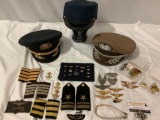 Lg. lot of vintage US Navy / Braniff International airline pilot wings, caps, shoulder bars,