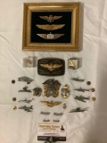 Nice lot of vintage US Navy / airline pilot collectibles, framed wings, plane pins, belt buckle. See