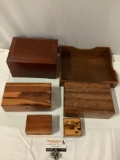 6 pc. lot of wooden box decor: cigar boxes, wood inlay sailboat box, and more.