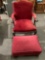 Vintage mahogany wood carved chair w/ clawfoot design and red velour upholstery, shows wear/tear, w/