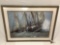 Large framed photo print sailing ship in rough seas, plastic cover shows wear, approx 39 x 29 in.