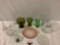 Lot of vintage / modern glass home decor: pink serving plate, vases, pitcher, cand dish and more.