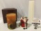 3 pc. lot of vintage decorative candles; Asian figure scene, Santa Claus trio, Star candle, approx 4