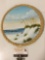 Original circular canvas beach scene painting signed by artist Ruth w/ rope frame, approx 11 in.