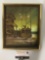 Framed original canvas board painting of a docked fishing boat signed by artist Melville, approx 9 x
