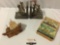 4 pc. lot of vintage sailing ship design wood decor: books, sculpture, boxed model clipper ship.