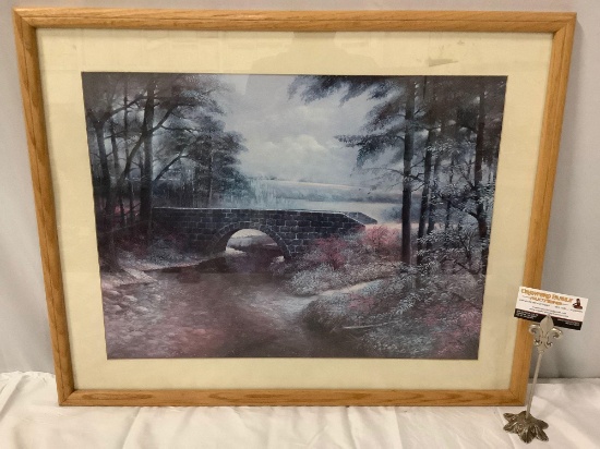 Vintage framed art print of brick bridge over a creek by Ruane Manning, approx 29 x 23 in.