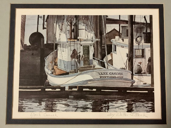 Yank Canuck by Walter J. Brick, hand signed and titled watercolor art print of docked boat, approx
