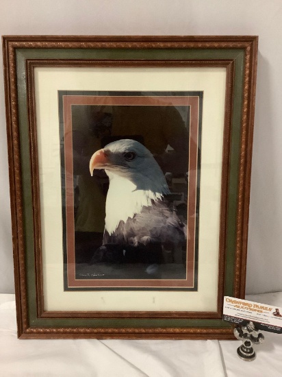 Framed wildlife Baldeagle photograph art print by Jerry J Lamarre, approx 15 x 19 in.