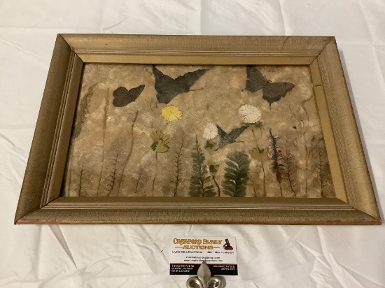 Vintage framed mixed media fabric collage art of butterflies and flowers, approx 19 x 13 in
