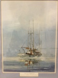 Framed fishing boat art print: Morning Reflection by Robert McVittie, approx 16 x 20 in.