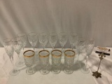 14 pc. lot of gold rimmed crystal drinking glasses in 3 styles, approx 11 x 3 in. largest.