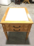 Vintage wood side table with one drawer and slate top, approximately 20 x 26 x 22 in.