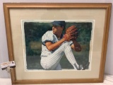 Framed watercolor baseball pitcher art print by Glen Green, approx 29 x 24 in.