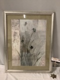 Stylish framed mixed media floral art print, approx 22.5 x 28.5 in.