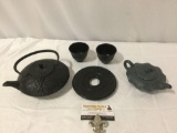 5 pc. lot if metal / ceramic Asian style tea pots, 1 w/ frog design, 1 w/ matching cups/ hot plate