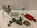 Lot of vintage kitchen / home: Lakeside hot water bottle, strainer w/ wood pusher, Rumford biscuit