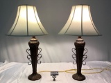 Pair of matching table lamps w/ shades, tested/working, approx 18 x 33 in.