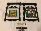 2 pc. lot of ceramic tile beer coasters in metal frames; jovial Foresters Stroud Ailes, the Squire