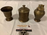 3 pc. lot of vintage brass set; lighter, vase, container w/ lid, approx 3 x 5 in.