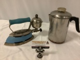 2 pc. lot of vintage home / kitchen tools: steam iron w/ wood handle , coffee percolator.