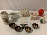 10 pc. lot of mixed porcelain table decor; creamer, sugar, vases, bowls. See pics.