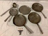 6 pc. lot of heavy steel camping skillets / cooking pans / ladle.