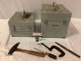 2 vintage steel storage kits: 1 marked Geiger Telco w/ lot of hand tools. See pics.