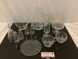 12 pc. matching set of glass table decor: pitcher, candy dish, shakers, bell and more.