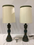 Pair of vintage composite base lamps w/ shades, tested and working, 1 shows wear.