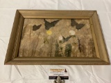 Vintage framed mixed media fabric collage art of butterflies and flowers, approx 19 x 13 in
