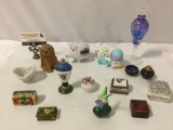 Large lot of collectibles: small keepsake boxes, hummingbird art glass, dog sculpture, cloisonne
