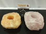 2 pc. lot of natural quartz Crystal candle holders , rose quartz, approx 5 x 3 in.