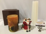 3 pc. lot of vintage decorative candles; Asian figure scene, Santa Claus trio, Star candle, approx 4